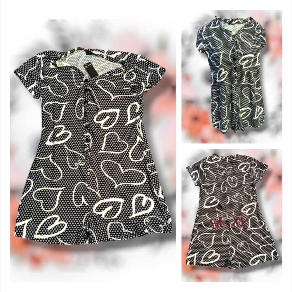 🆕 Black & White Hearts Pajama Romper size L. NWT